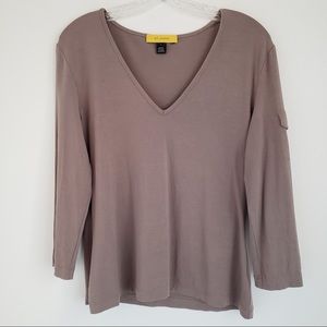 St. John Taupe V-Neck Long Sleeve Pocket Detail Size Large